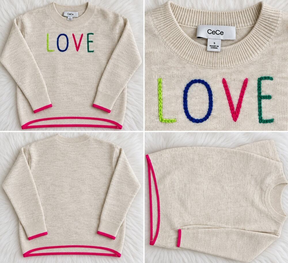 CeCe Women's Love Embroidered Crewneck Long-Sleeve Sweater Malted Size S